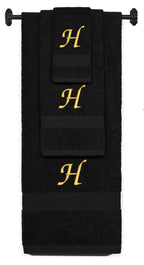 Black monogrammed towel set with Gold thread, Chancery font, initial H - 540 GSM cotton 3-piece