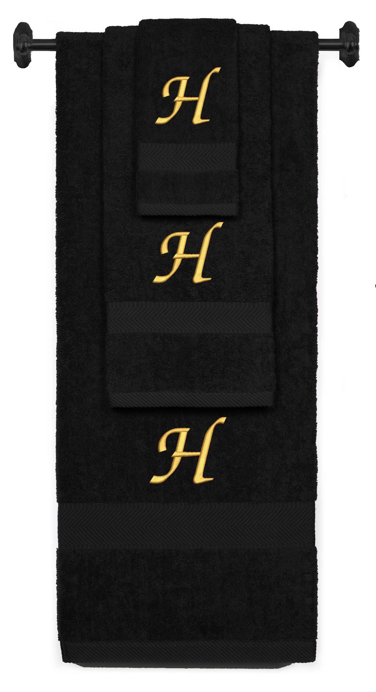 Black monogrammed towel set with Gold thread, Chancery font, initial H - 540 GSM cotton 3-piece