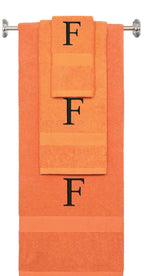 Orange monogrammed towel set with Black thread, Times New Roman font, initial F - 540 GSM cotton 3-piece