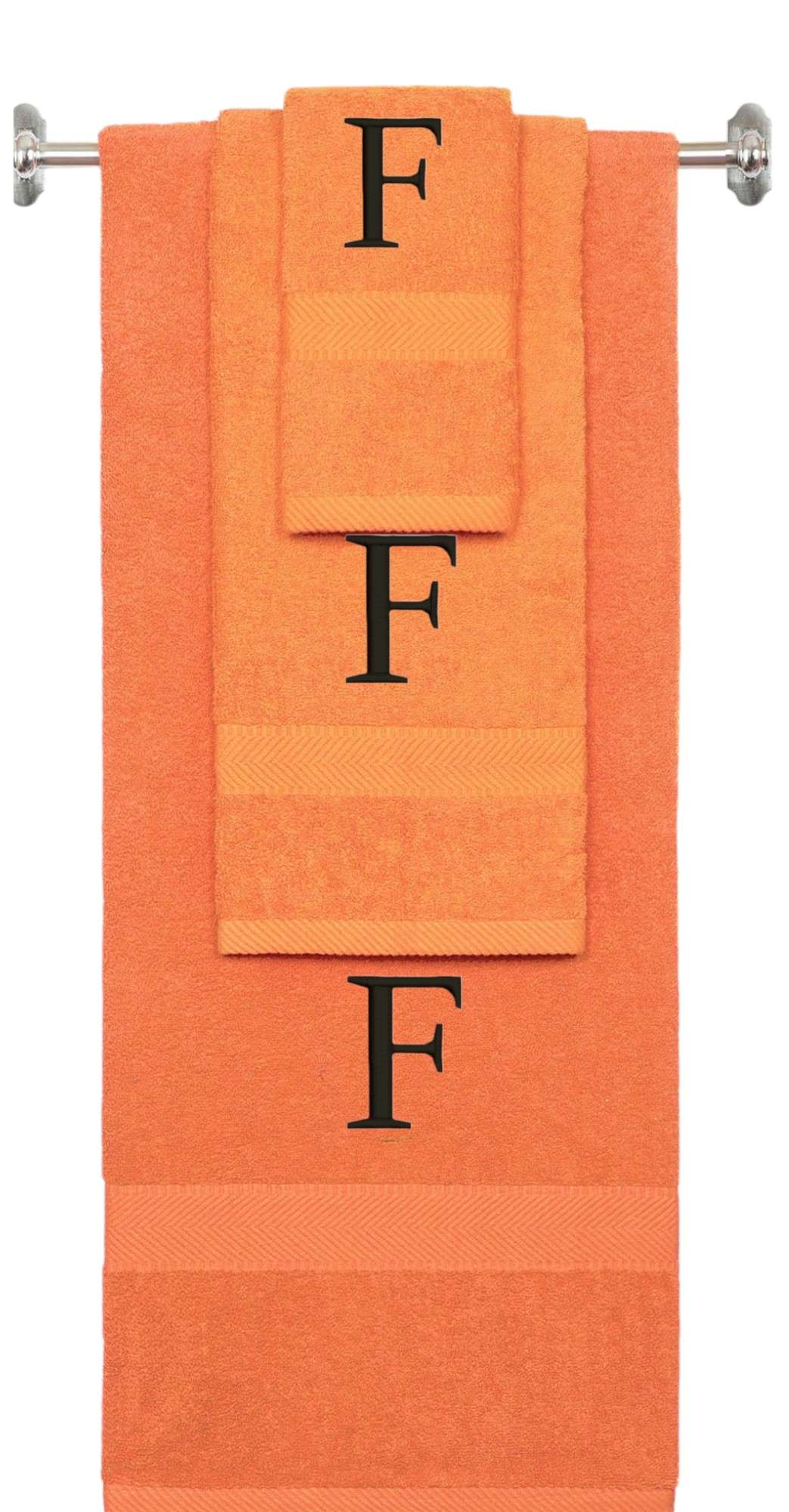 Orange monogrammed towel set with Black thread, Times New Roman font, initial F - 540 GSM cotton 3-piece