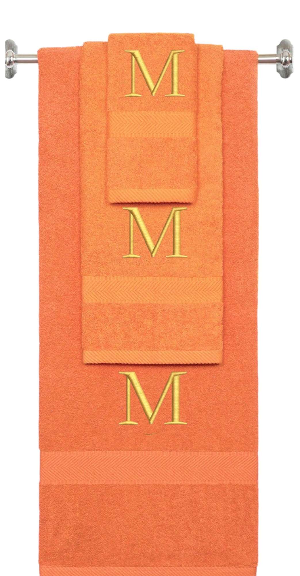Orange monogrammed towel set with Gold thread, Times New Roman font, initial M - 540 GSM cotton 3-piece