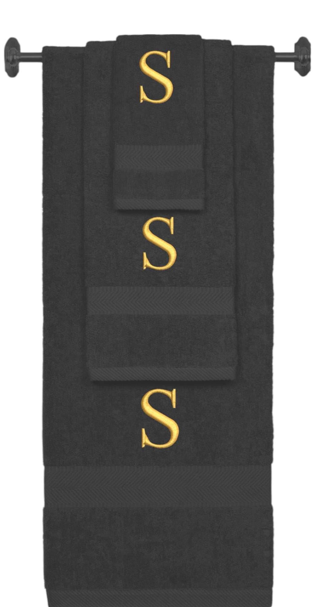 Charcoal monogrammed towel set with Gold thread, Times New Roman font, initial S - 540 GSM cotton 3-piece