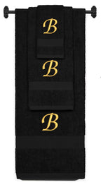 Black monogrammed towel set with Gold thread, Chancery font, initial B - 540 GSM cotton 3-piece