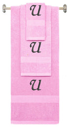 Pink monogrammed towel set with Black thread, Chancery font, initial U - 540 GSM cotton 3-piece