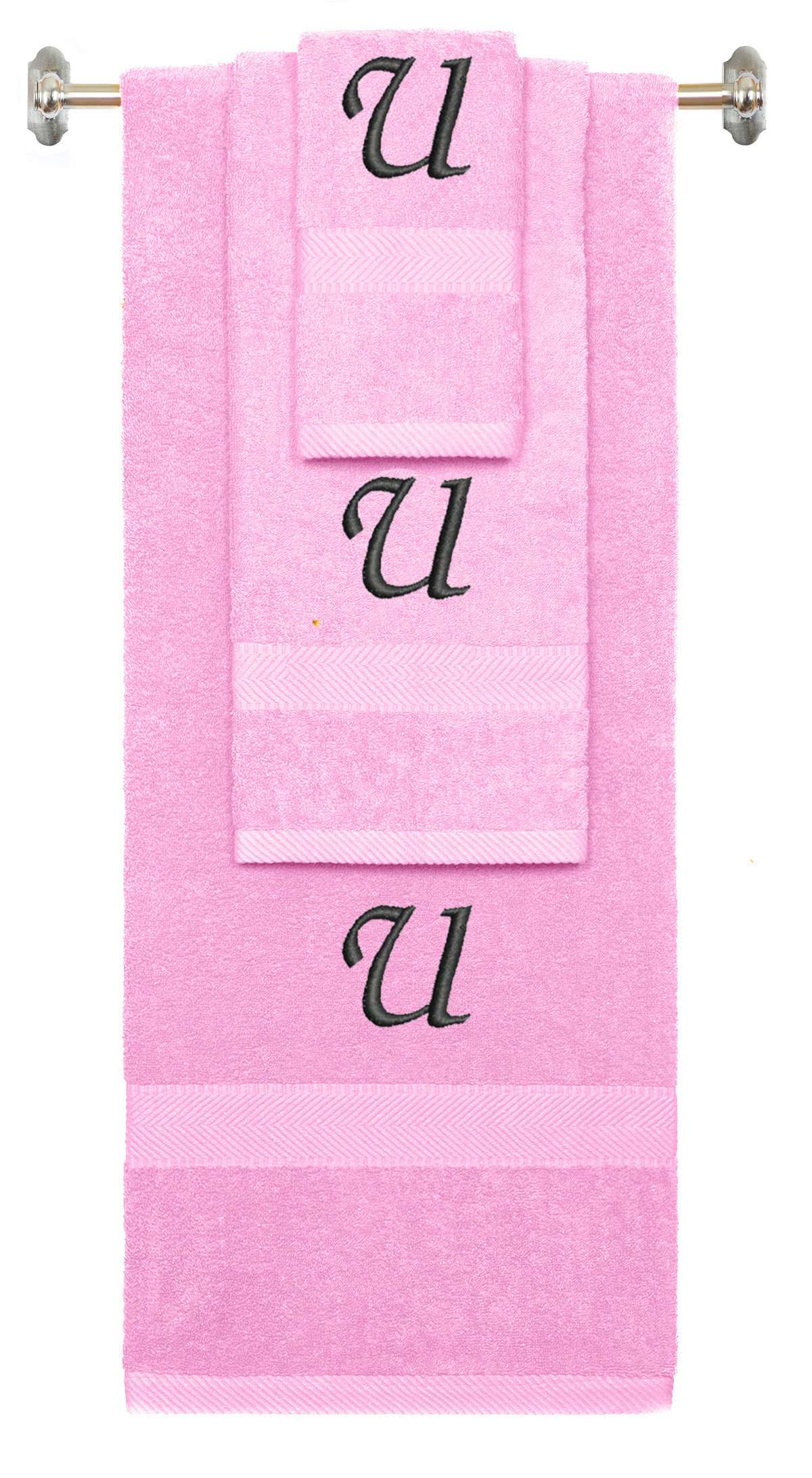 Pink monogrammed towel set with Black thread, Chancery font, initial U - 540 GSM cotton 3-piece