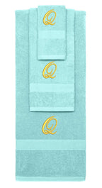 Nautical Teal monogrammed towel set with Gold thread, Diana Script font, initial Q - 540 GSM cotton 3-piece