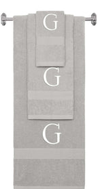 Silver monogrammed towel set with White thread, Times New Roman font, initial G - 540 GSM cotton 3-piece