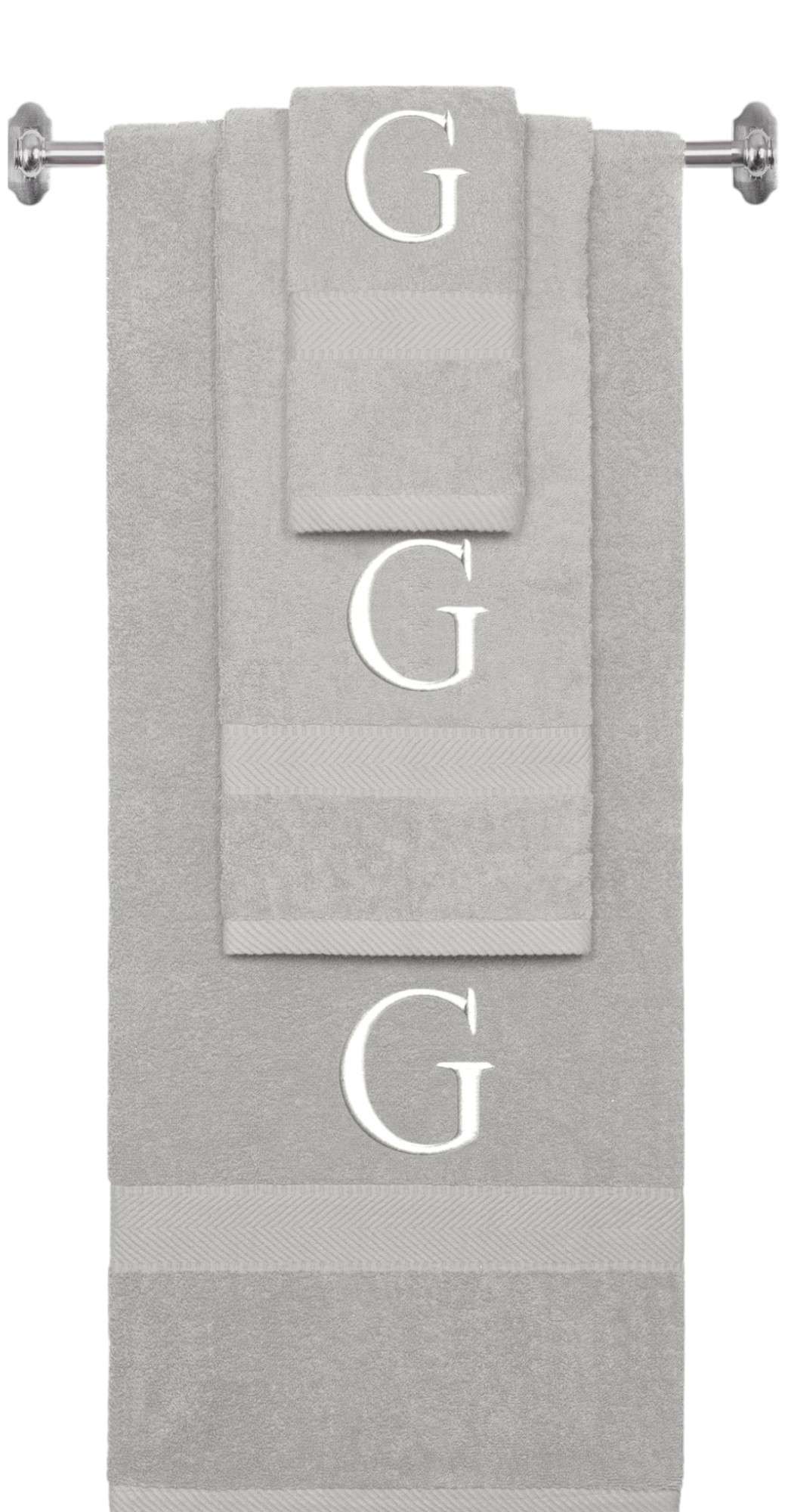 Silver monogrammed towel set with White thread, Times New Roman font, initial G - 540 GSM cotton 3-piece