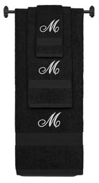 Black monogrammed towel set with Silver thread, Diana Script font, initial M - 540 GSM cotton 3-piece