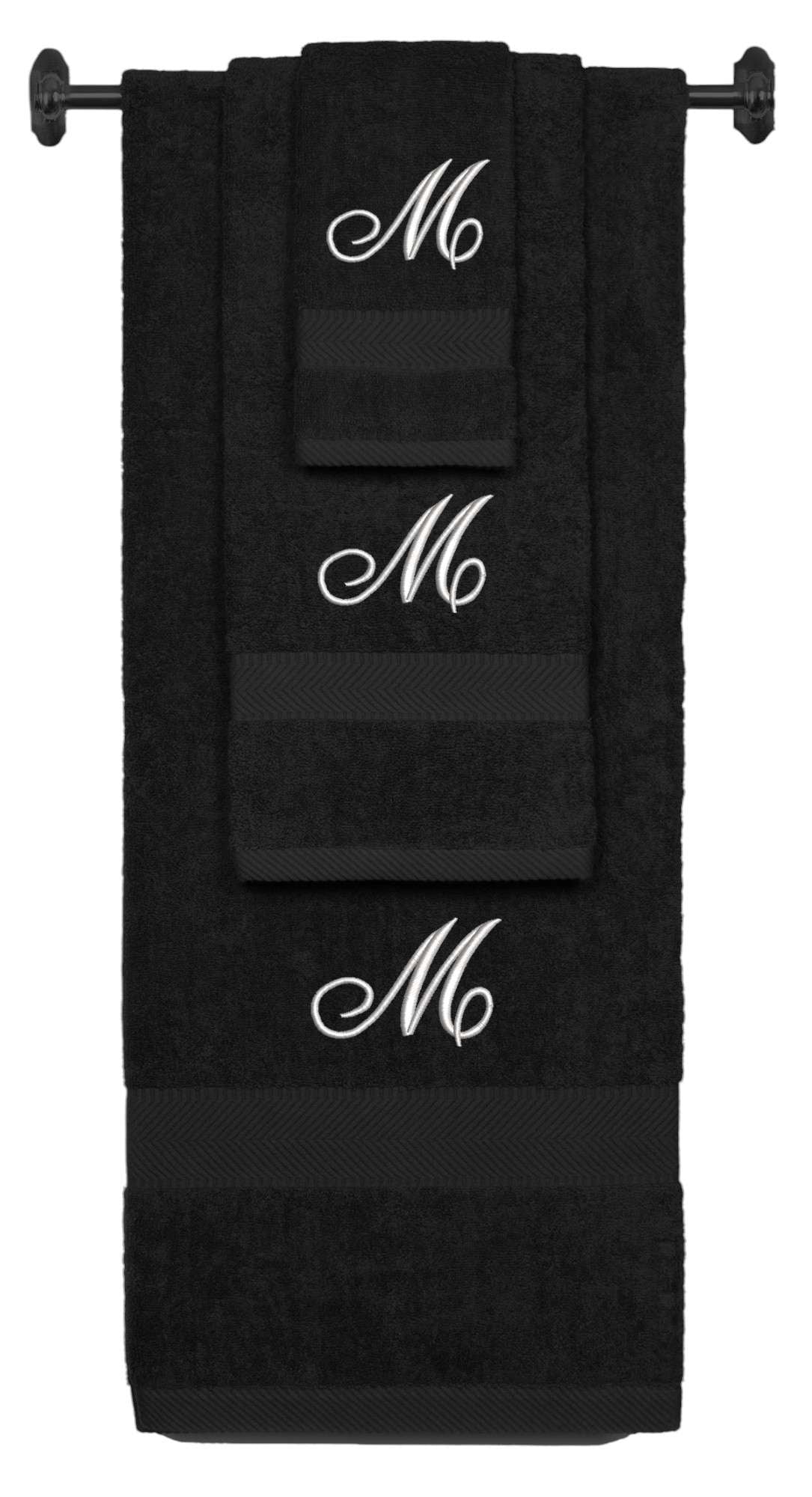 Black monogrammed towel set with Silver thread, Diana Script font, initial M - 540 GSM cotton 3-piece