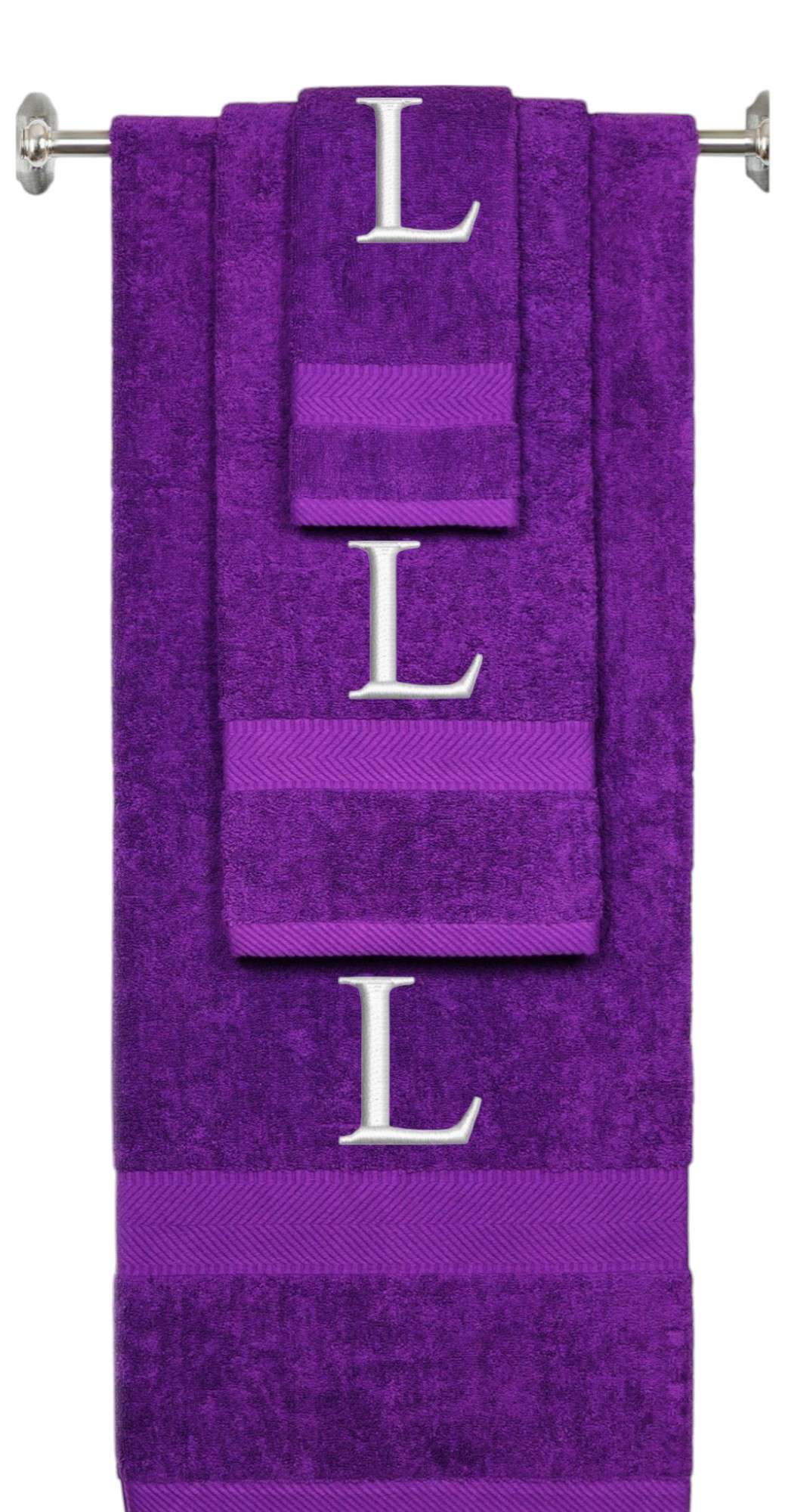 Purple monogrammed towel set with Silver thread, Times New Roman font, initial L - 540 GSM cotton 3-piece