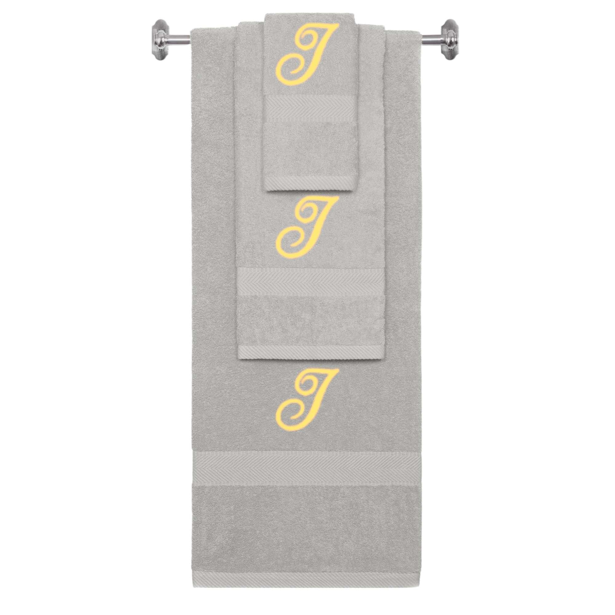 Silver monogrammed towel set with Gold thread, Diana Script font, initial I - 540 GSM cotton 3-piece