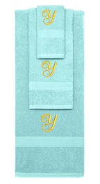 Nautical Teal monogrammed towel set with Gold thread, Diana Script font, initial Y - 540 GSM cotton 3-piece