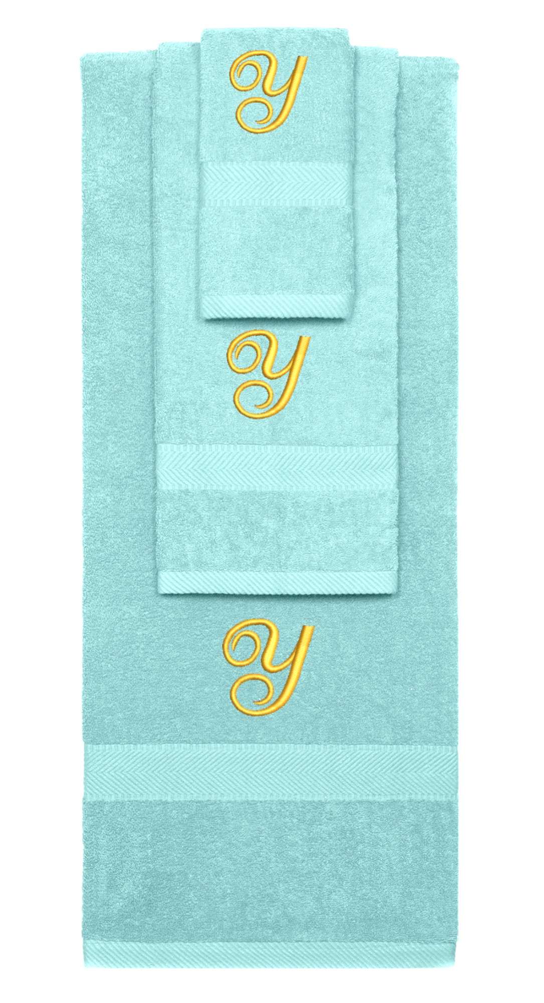 Nautical Teal monogrammed towel set with Gold thread, Diana Script font, initial Y - 540 GSM cotton 3-piece
