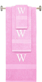 Purple monogrammed towel set with Black thread, Times New Roman font, initial W - 540 GSM cotton 3-piece