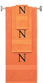 Orange monogrammed towel set with Black thread, Times New Roman font, initial N - 540 GSM cotton 3-piece