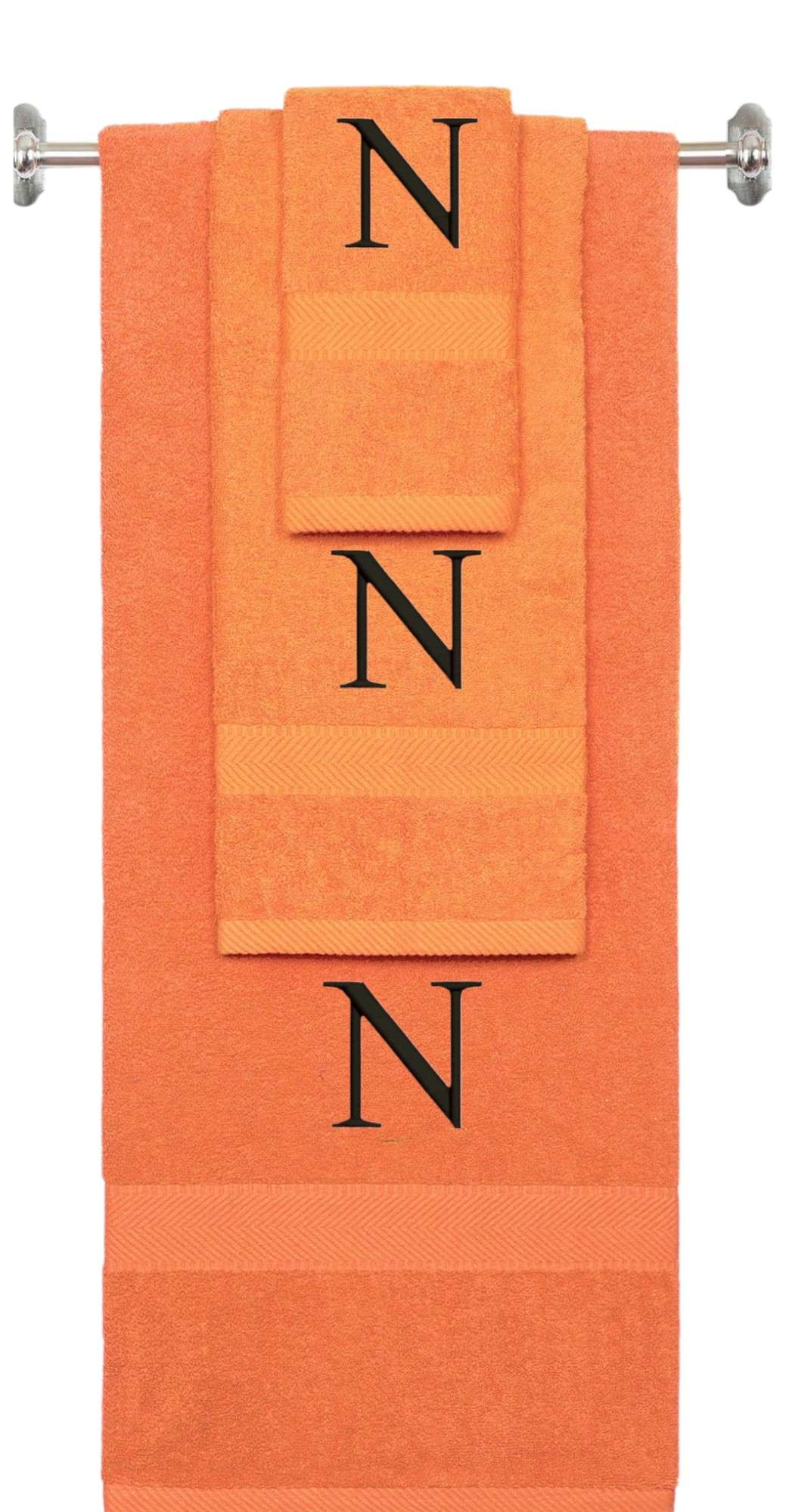 Orange monogrammed towel set with Black thread, Times New Roman font, initial N - 540 GSM cotton 3-piece