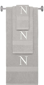 Silver monogrammed towel set with White thread, Times New Roman font, initial N - 540 GSM cotton 3-piece