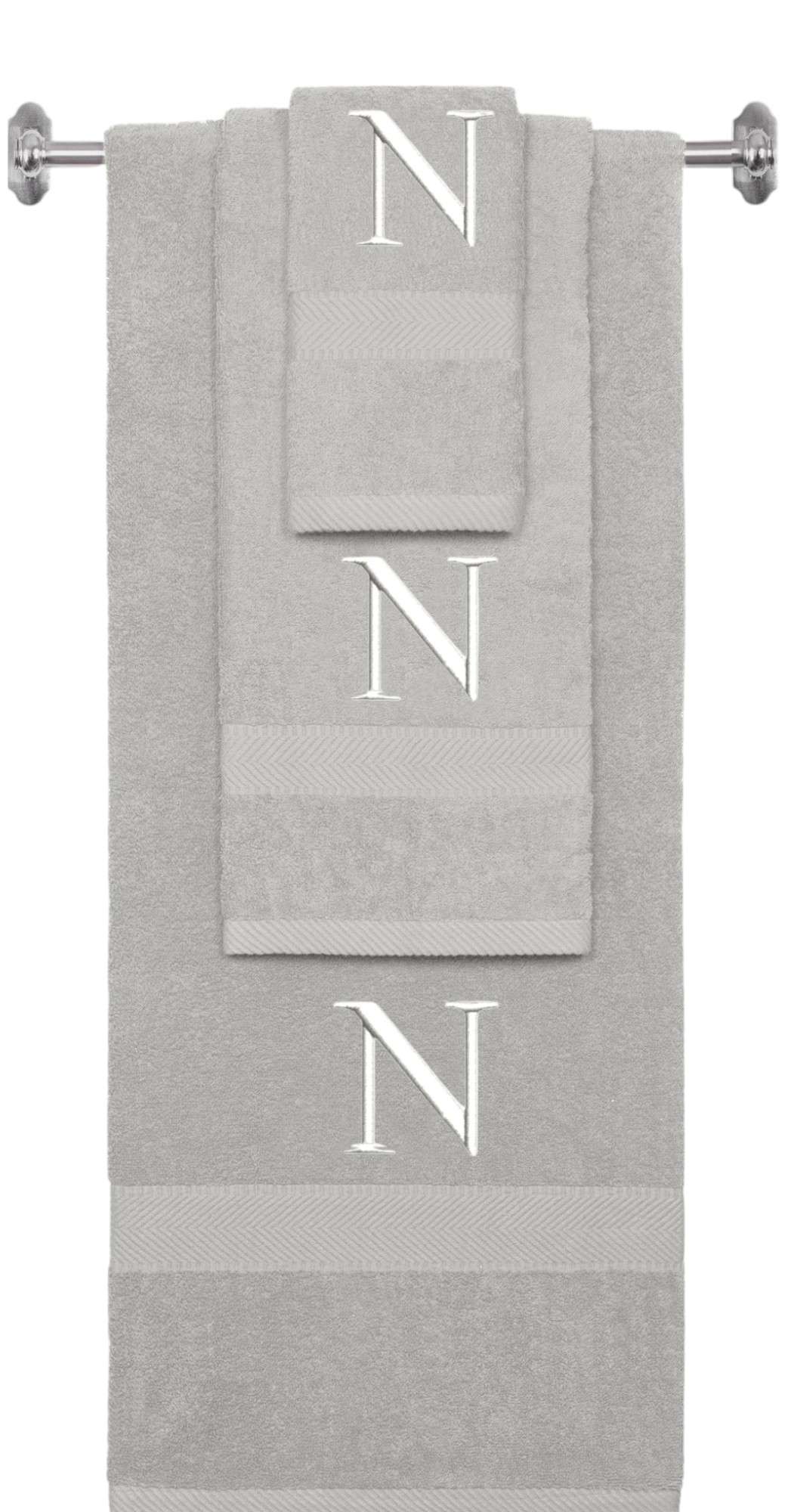 Silver monogrammed towel set with White thread, Times New Roman font, initial N - 540 GSM cotton 3-piece