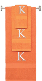 Orange monogrammed towel set with Silver thread, Times New Roman font, initial K - 540 GSM cotton 3-piece