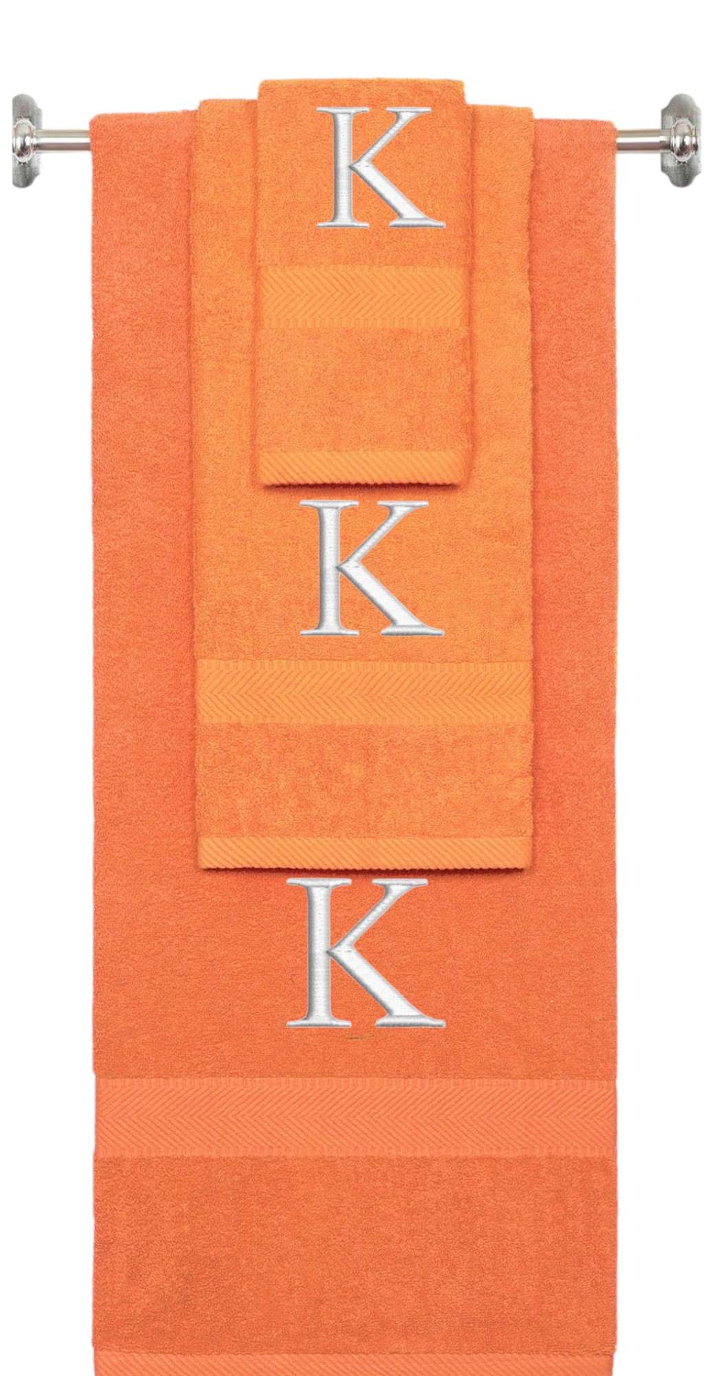 Orange monogrammed towel set with Silver thread, Times New Roman font, initial K - 540 GSM cotton 3-piece