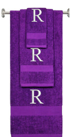 Purple monogrammed towel set with Silver thread, Times New Roman font, initial R - 540 GSM cotton 3-piece