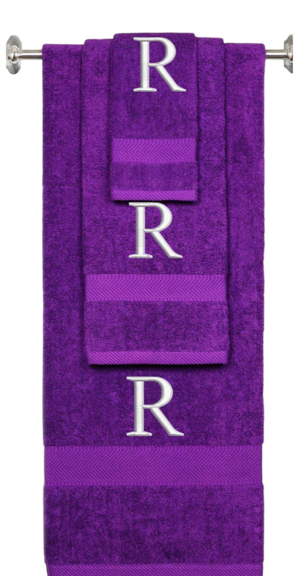 Purple monogrammed towel set with Silver thread, Times New Roman font, initial R - 540 GSM cotton 3-piece