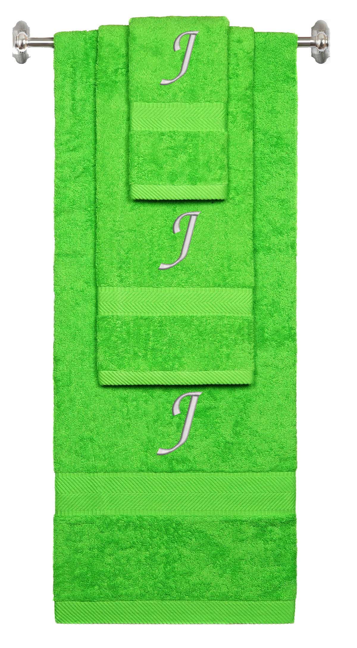 Lime monogrammed towel set with Silver thread, Chancery font, initial J - 540 GSM cotton 3-piece