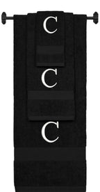 Black monogrammed towel set with White thread, Times New Roman font, initial C - 540 GSM cotton 3-piece