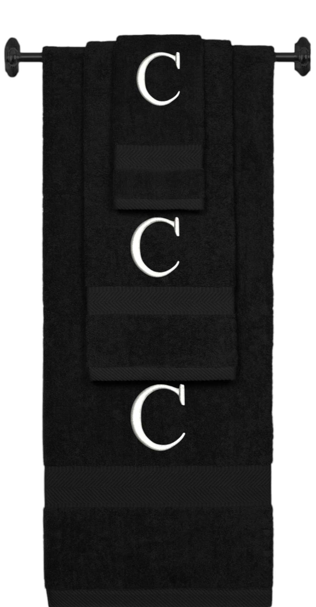 Black monogrammed towel set with White thread, Times New Roman font, initial C - 540 GSM cotton 3-piece