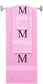 Pink monogrammed towel set with Black thread, Times New Roman font, initial N - 540 GSM cotton 3-piece