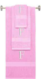Pink monogrammed towel set with White thread, Times New Roman font, initial F - 540 GSM cotton 3-piece