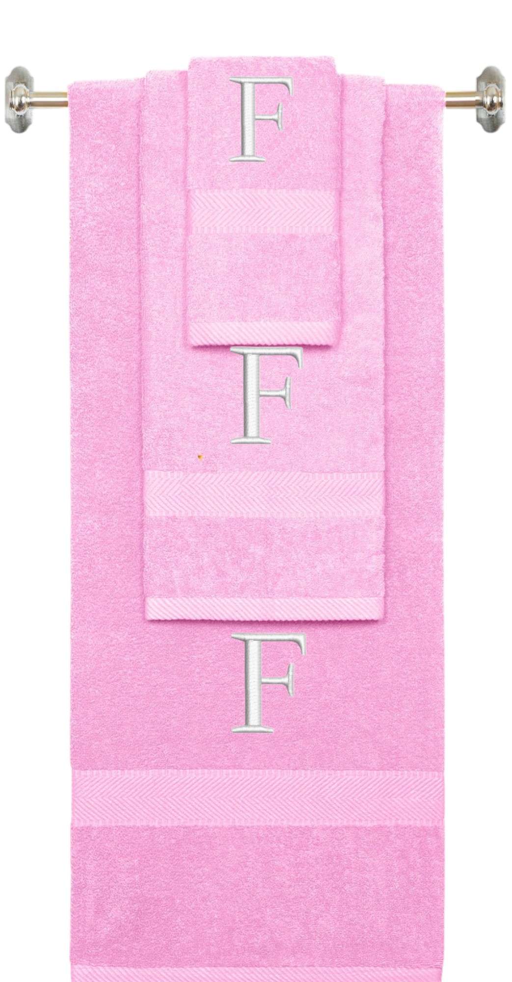 Pink monogrammed towel set with White thread, Times New Roman font, initial F - 540 GSM cotton 3-piece
