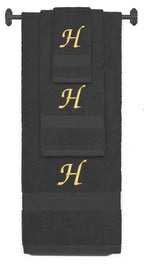 Charcoal monogrammed towel set with Gold thread, Chancery font, initial H - 540 GSM cotton 3-piece