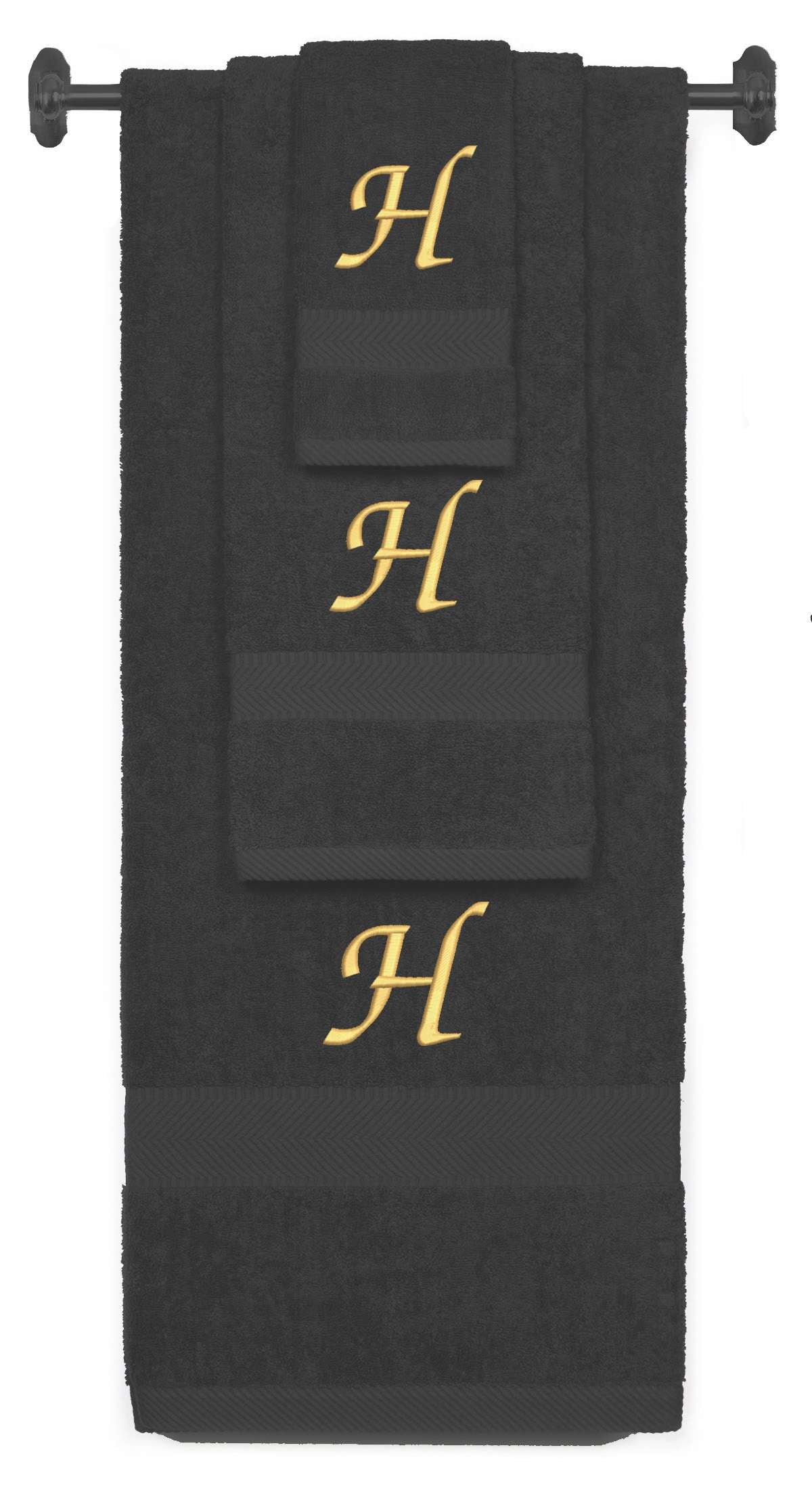 Charcoal monogrammed towel set with Gold thread, Chancery font, initial H - 540 GSM cotton 3-piece