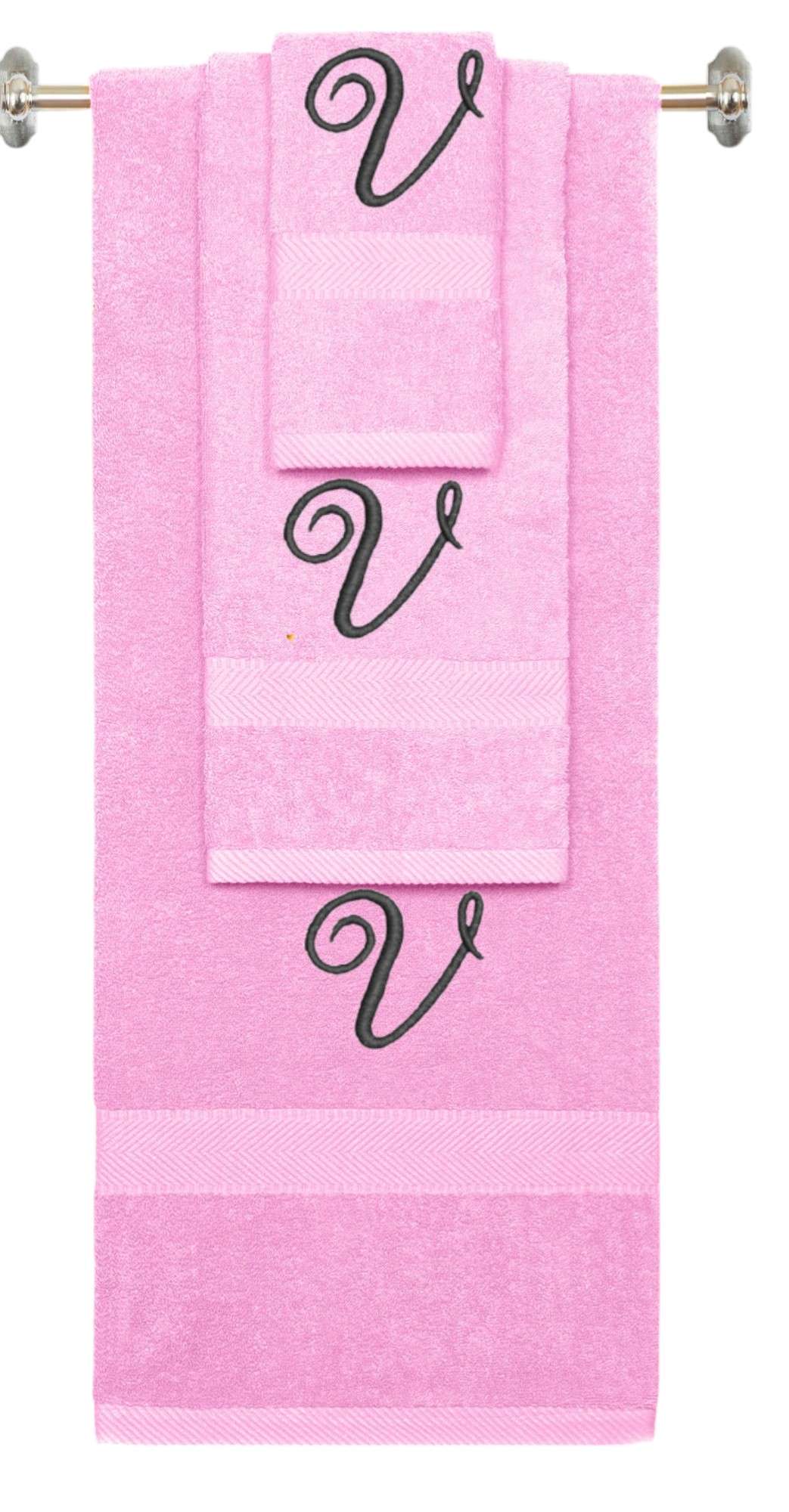 Pink monogrammed towel set with Black thread, Diana Script font, initial V - 540 GSM cotton 3-piece