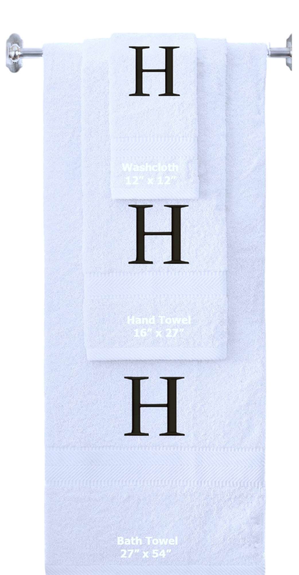 White monogrammed towel set with Black thread, Times New Roman font, initial H - 540 GSM cotton 3-piece