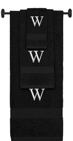 Black monogrammed towel set with Silver thread, Times New Roman font, initial W - 540 GSM cotton 3-piece