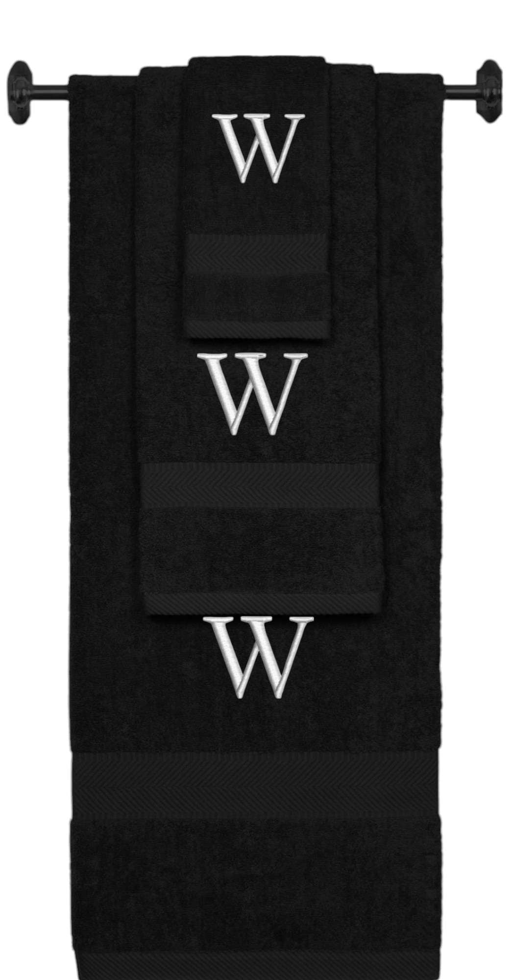 Black monogrammed towel set with Silver thread, Times New Roman font, initial W - 540 GSM cotton 3-piece