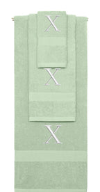 Mint Green monogrammed towel set with Silver thread, Times New Roman font, initial X - 540 GSM cotton 3-piece