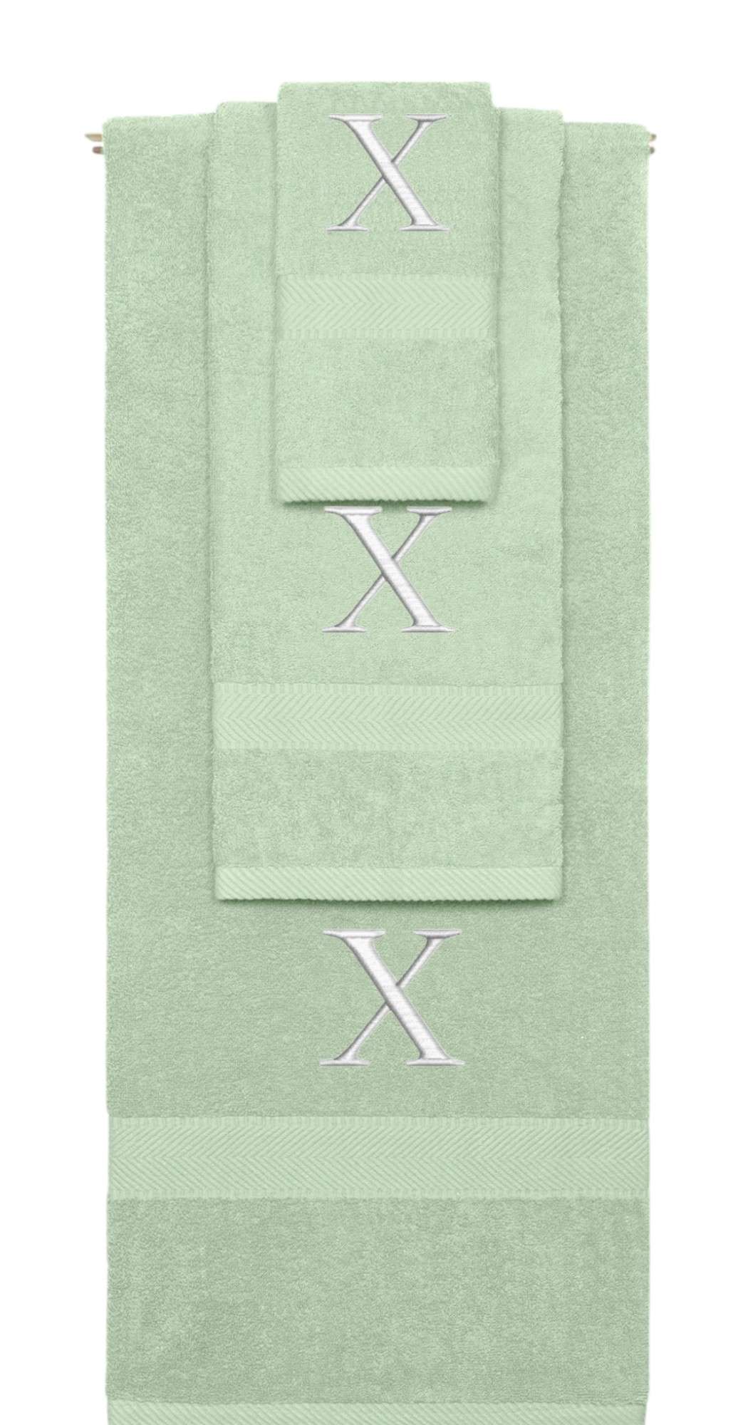 Mint Green monogrammed towel set with Silver thread, Times New Roman font, initial X - 540 GSM cotton 3-piece