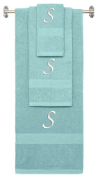 Nautical Teal monogrammed towel set with White thread, Chancery font, initial S - 540 GSM cotton 3-piece