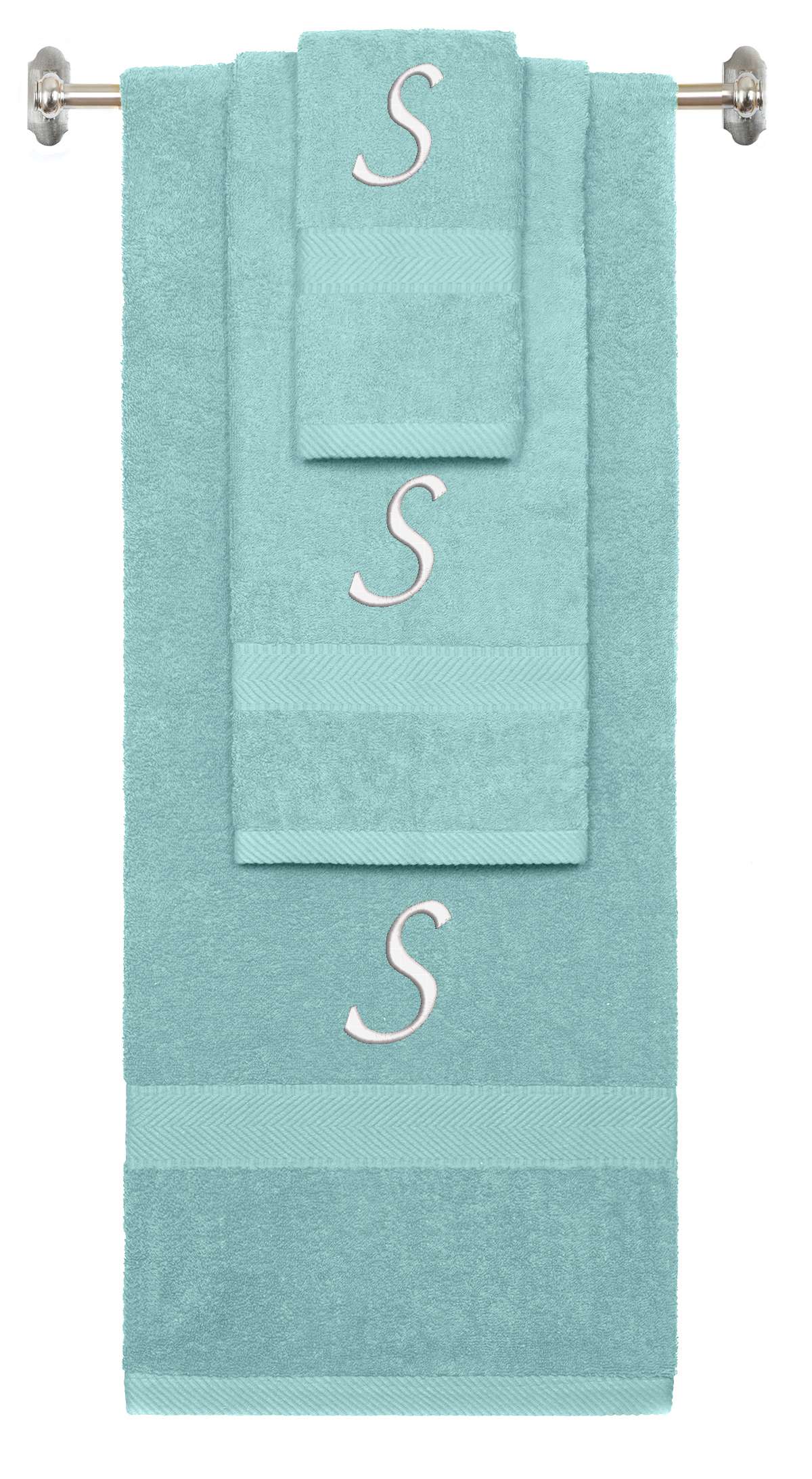 Nautical Teal monogrammed towel set with White thread, Chancery font, initial S - 540 GSM cotton 3-piece