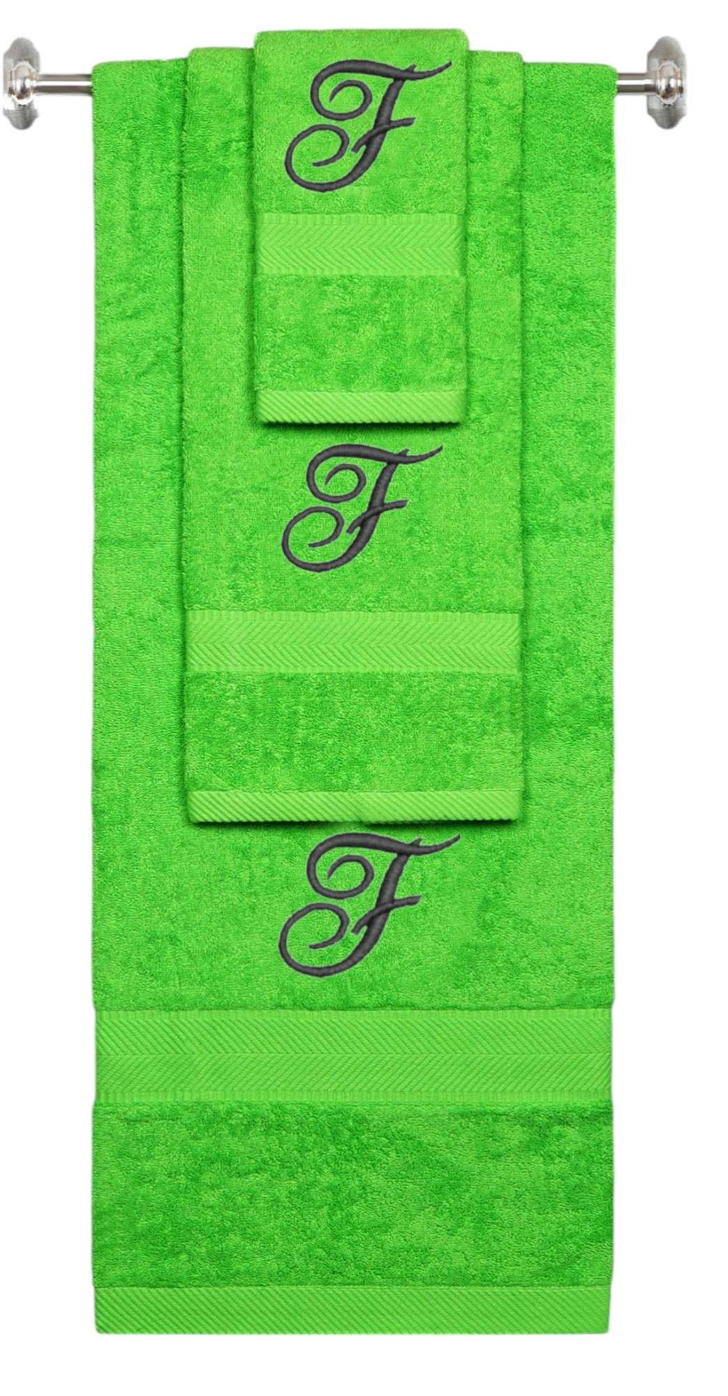 Lime monogrammed towel set with Black thread, Diana Script font, initial F - 540 GSM cotton 3-piece