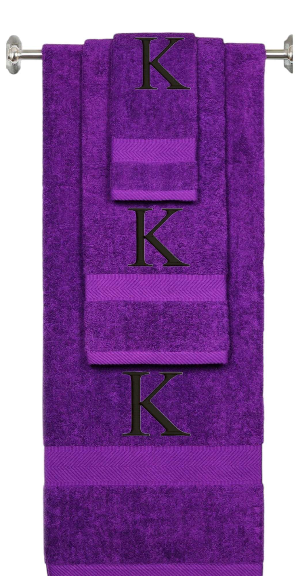 Purple monogrammed towel set with Gold thread, Times New Roman font, initial K - 540 GSM cotton 3-piece