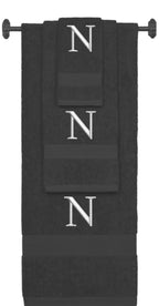 Charcoal monogrammed towel set with Silver thread, Times New Roman font, initial N - 540 GSM cotton 3-piece