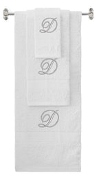 White monogrammed towel set with Silver thread, Diana Script font, initial D - 540 GSM cotton 3-piece
