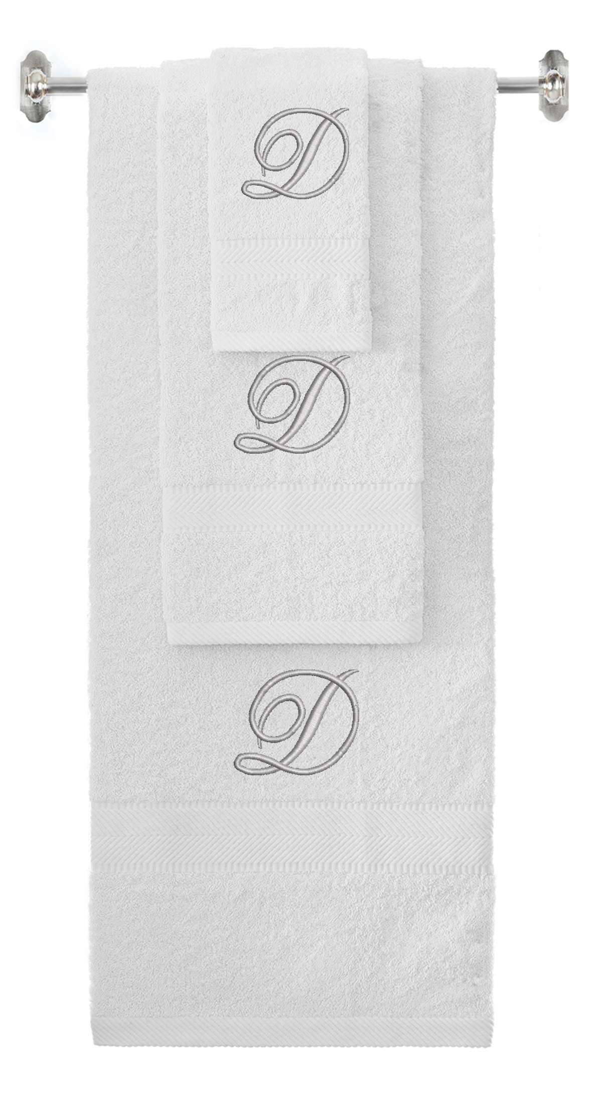 White monogrammed towel set with Silver thread, Diana Script font, initial D - 540 GSM cotton 3-piece