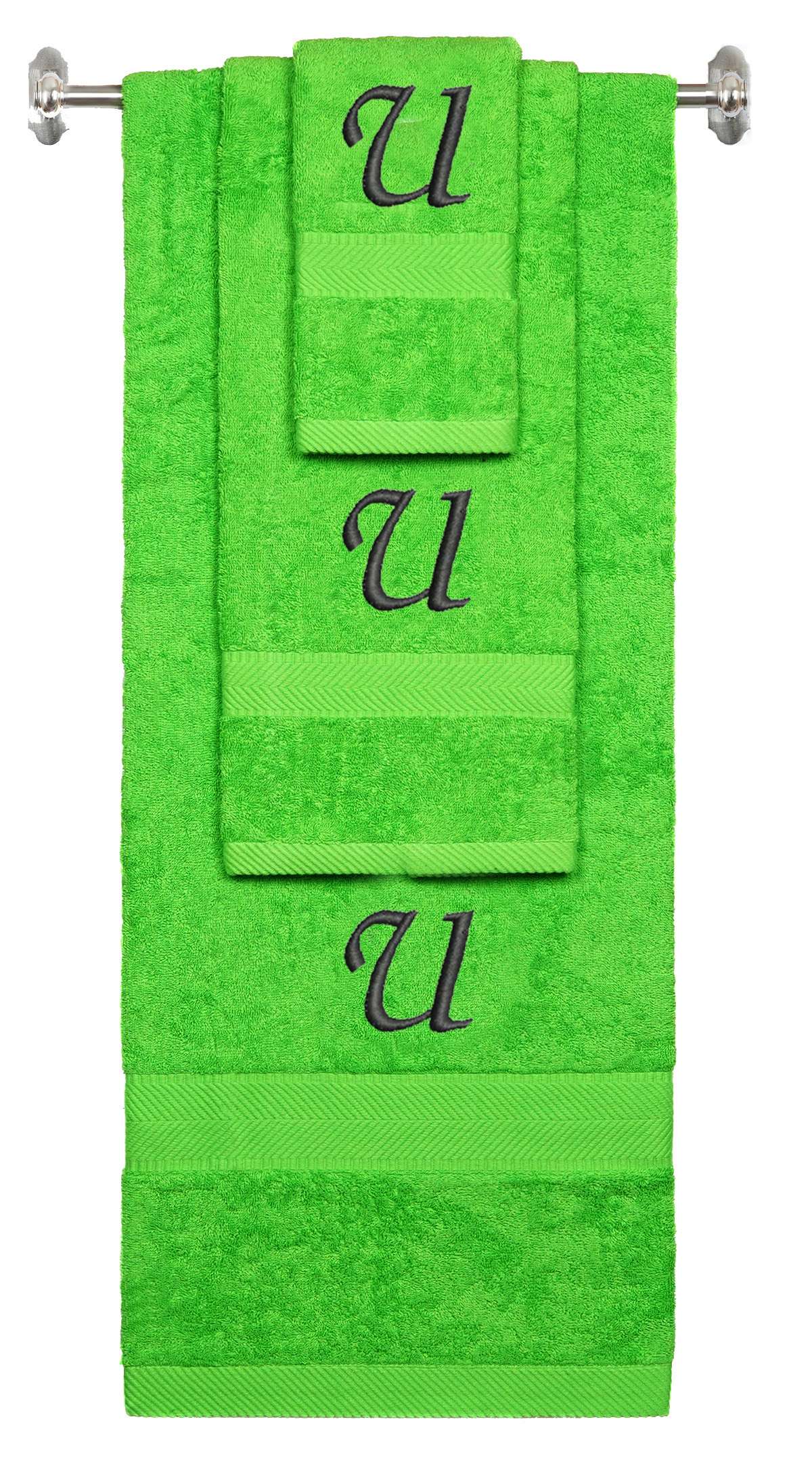 Lime monogrammed towel set with Black thread, Chancery font, initial U - 540 GSM cotton 3-piece