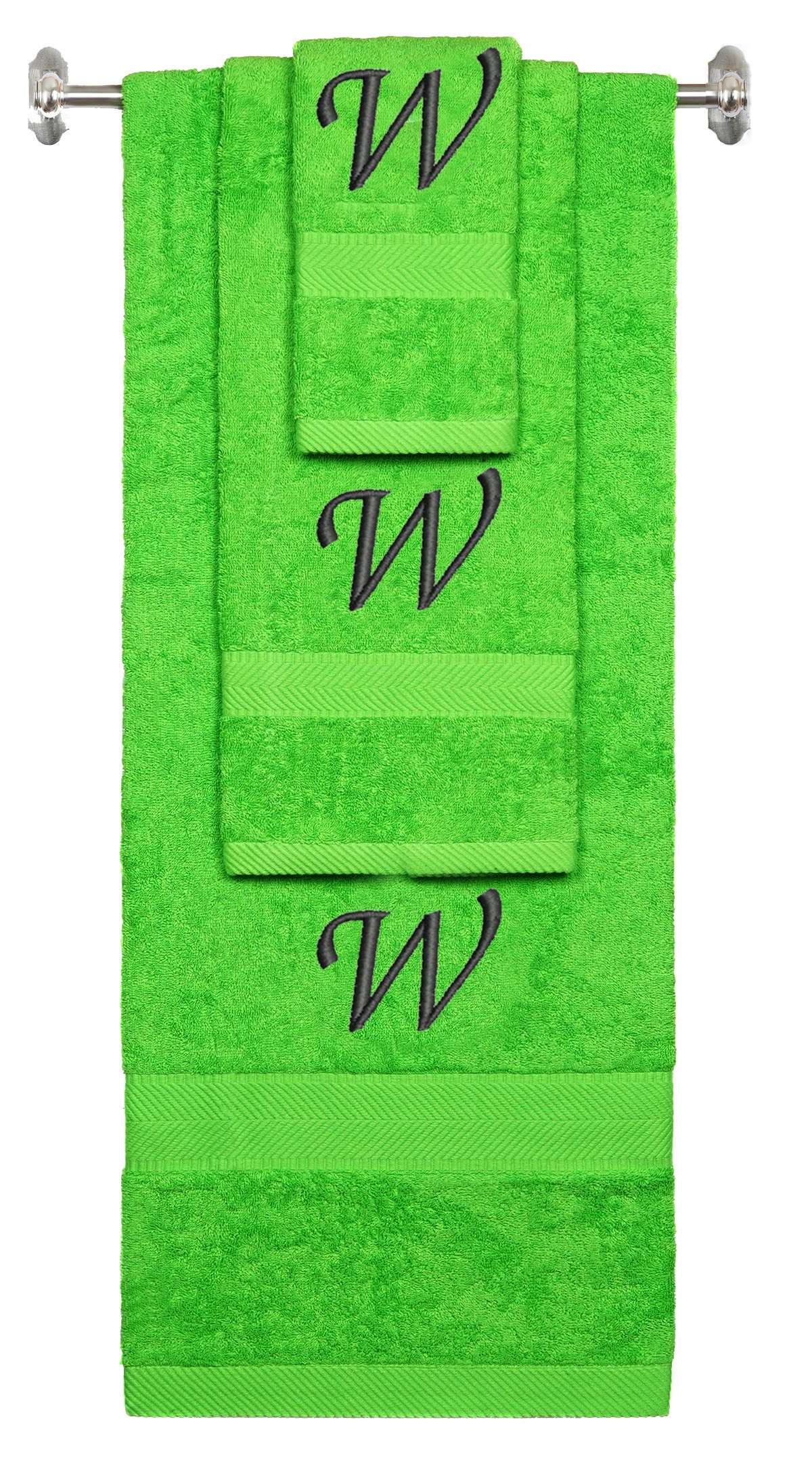 Lime monogrammed towel set with Black thread, Chancery font, initial W - 540 GSM cotton 3-piece